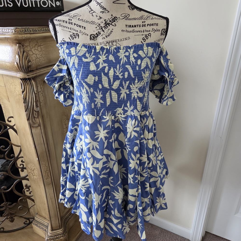 Zara Blue and Cream Floral Off-Shoulder Dress